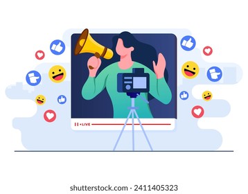 Video blogging flat illustration concept, Woman records video content on camera, Blogger in social media live stream with followers