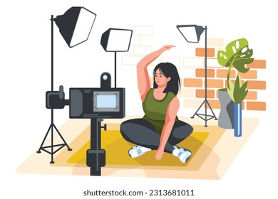 Video blogging. Girl livestreaming home workout. Calm young woman sitting on floor carpet in room and doing yoga exercise in front of digital camera. Vector illustration
