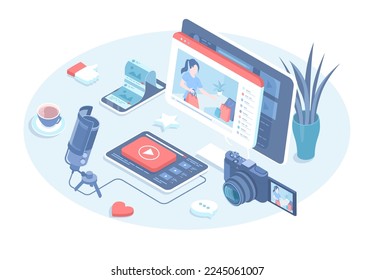 Video blogging, internet content creation. Workplace, equipment of the influencer. Preparing for vlogging, shooting. Vector illustration in 3d design. Isometric web banner.	
