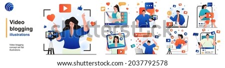 Video blogging isolated set. Bloggers record videos, create blog content. People collection of scenes in flat design. Vector illustration for blogging, website, mobile app, promotional materials.