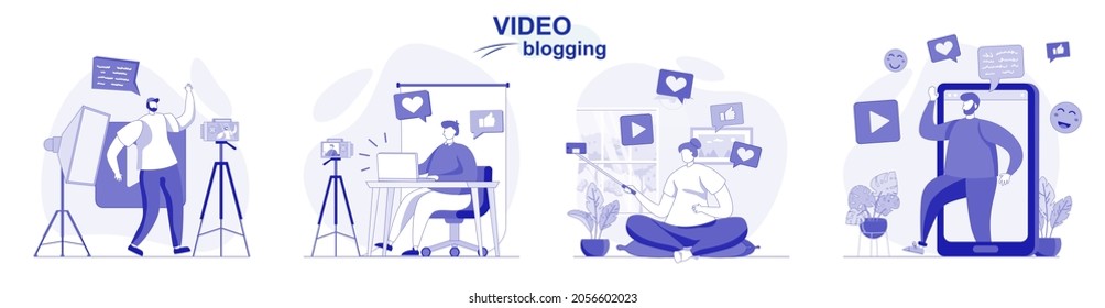 Video blogging isolated set in flat design. People record videos, bloggers create blog content, collection of scenes. Vector illustration for blogging, website, mobile app, promotional materials.