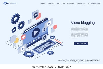 Video blogging, live streaming, internet journalism modern 3d isometric vector concept illustration. Landing page design template