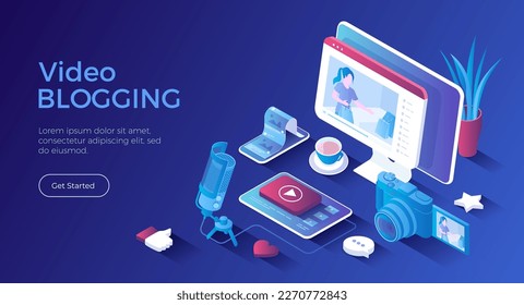 Video blogging. Making video content for blog or vlog in social networks. Video streaming in social media. Isometric landing page. Vector web banner.
