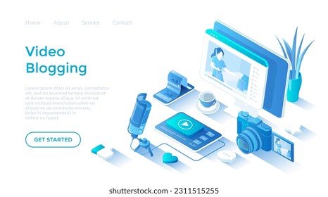 Video blogging. Making video content for blog or vlog in social networks. Video streaming in social media. Isometric illustration. Landing page template for web on white background.	
