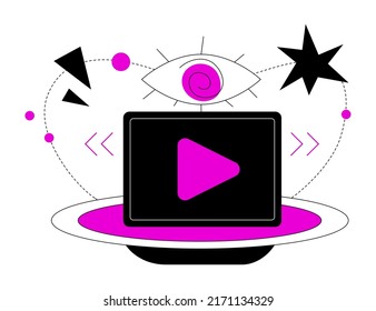 Video blogging and media - colorful flat design style illustration with linear elements. A purple colored composition with large play button, mesmerizing pupil eye and fast forward and rewind keys