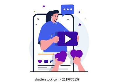 Video blogging modern flat concept for web banner design. Woman blogger making video content, collects likes and followers subscribe to blog at app. Vector illustration with isolated people scene