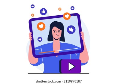 Video blogging modern flat concept for web banner design. Woman making and publishing content in blog. Followers like and subscribe to blogger blog. Vector illustration with isolated people scene