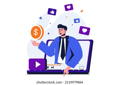 Video blogging modern flat concept for web banner design. Man blogger making video content, live streaming for followers and earning money on his blog. Vector illustration with isolated people scene