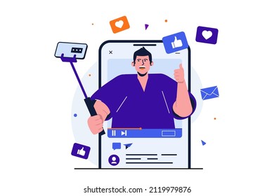 Video blogging modern flat concept for web banner design. Man with selfie stick records vlog on smartphone camera or broadcasts live to followers. Vector illustration with isolated people scene