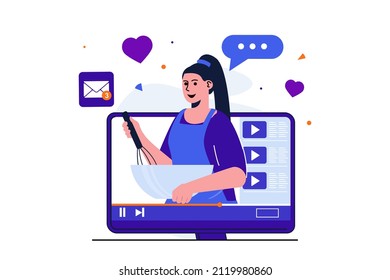 Video blogging modern flat concept for web banner design. Woman blogger recording cooking videos and recipe tutorials. Influencer promotes food blog. Vector illustration with isolated people scene