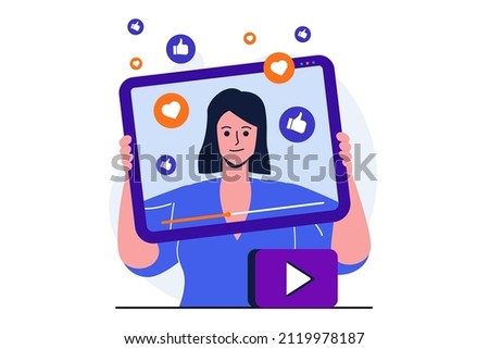 Video blogging modern flat concept for web banner design. Woman making and publishing content in blog. Followers like and subscribe to blogger blog. Vector illustration with isolated people scene