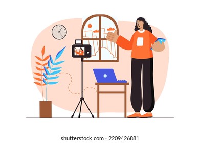 Video blogging orange concept with people scene in the flat cartoon style. Girl is recording a new video for the blog at home. Vector illustration.