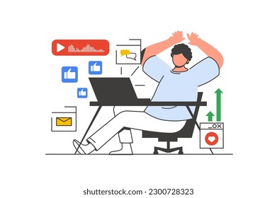 Video blogging outline web concept with character scene. Man makes post, gets feedback and subscribers. People situation in flat line design. Vector illustration for social media marketing material.