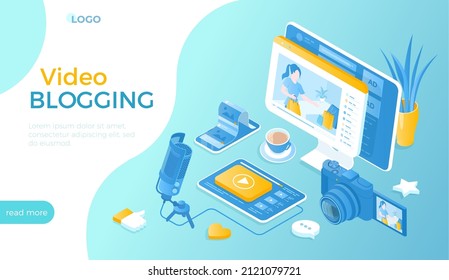 Video blogging, Personal Blog. Vlogger giving video review, advertising on her vlog channel. Making video content for blog or vlog in social networks. Isometric vector illustration for website.