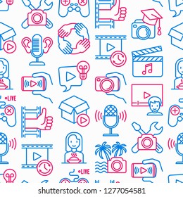 Video blogging seamless pattern with thin line icons: vlog, ASMR, mukbang, unboxing, DIY, stream game, review, collaboration, podcast, tips and tricks. Modern vector illustration.