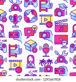 Video blogging seamless pattern with thin line icons: vlog, ASMR, mukbang, unboxing, DIY, stream game, review, collaboration, podcast, tips and tricks. Modern vector illustration.