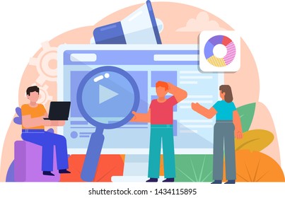 Video blogging, search in web. People stand near big screen, website. Poster for web page, banner, presentation, social media. Flat design vector illustration