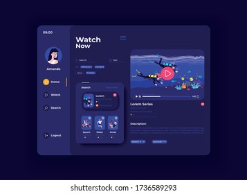 Video blogging service tablet interface vector template. Mobile app page night mode design layout. User profile screen. Flat UI for application. New streams and posts on portable device display