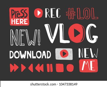 Video Blogging Set. Typography Lettering Calligraphy Doodle Cartoon Text Youtube Banner. Hand Drawn T-shirt Print Design, Social Media Banner, Modern Wallpaper, Poster, Motivational Isolated Vector