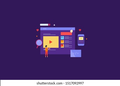 Video, blogging, Sharing online video, Content Marketing concept - Flat design vector illustration with icons and characters