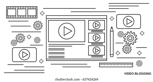 Video blogging thin line art style vector concept illustration