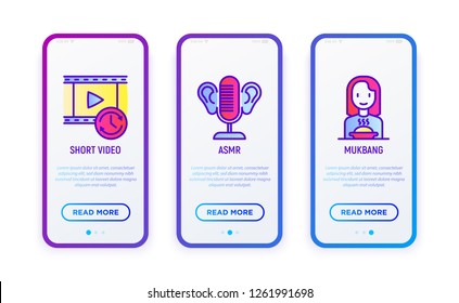 Video blogging thin line icons set: short video, ASMR, mukbang. Vector illustration for user mobile interface.