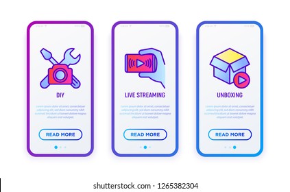 Video blogging thin line icons set: unboxing, DIY, live streaming. Vector illustration for user mobile interface.