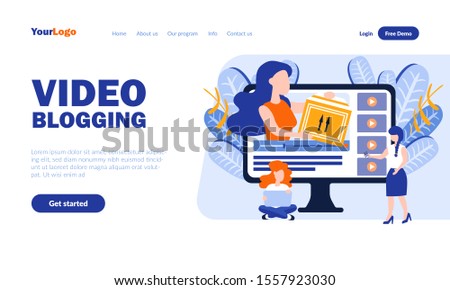 Video blogging vector landing page template with header. Vlogging web banner, homepage design with flat illustrations. Bloggers, critics cartoon characters. Film review, internet blog concept