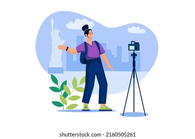 Video blogging web concept in flat design. Happy woman recording vacation vlog with professional camera. Blogger creates content for her travel blog and streams for subscribers. Vector illustration