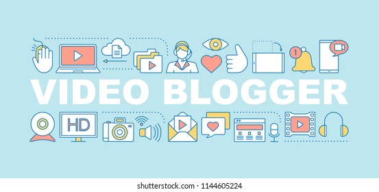 Video blogging word concepts banner. Vlog. Social media. Video hosting. Isolated lettering typography idea with linear icons. Streaming. Online communication. Vector outline illustration