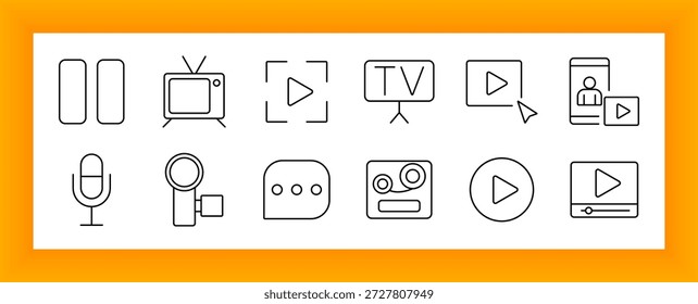 Video and broadcast set icon. Includes video player, microphone, camcorder, TV, chat bubble, tape, play button, and screen interface elements for media usage