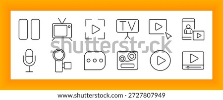 Video and broadcast set icon. Includes video player, microphone, camcorder, TV, chat bubble, tape, play button, and screen interface elements for media usage