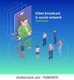 Video broadcast in social network. Flat 3d isometric design concept. People watch a video broadcast on the screen. Video streaming on smartphone. Watch online videos. Vector illustration.