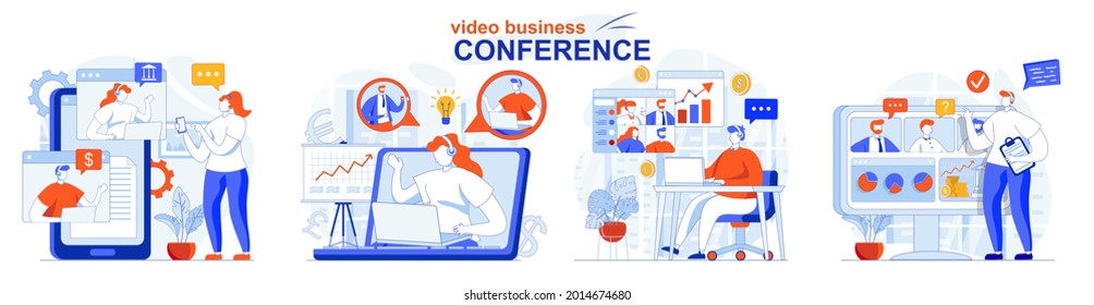 Video business conference concept set. Colleagues call up in working video chats. People isolated scenes in flat design. Vector illustration for blogging, website, mobile app, promotional materials.