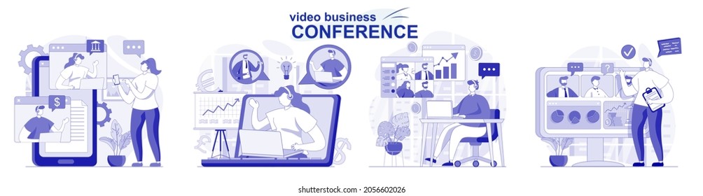 Video business conference isolated set in flat design. People discuss tasks with colleagues online, collection of scenes. Vector illustration for blogging, website, mobile app, promotional materials.