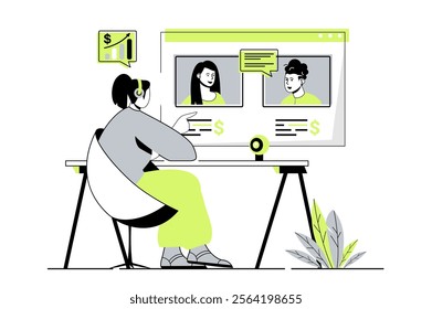 Video business conference web concept with flat cartoon people for website design. Colleagues discussing work tasks in group chat, coworkers communicating at online meeting. Vector illustration.