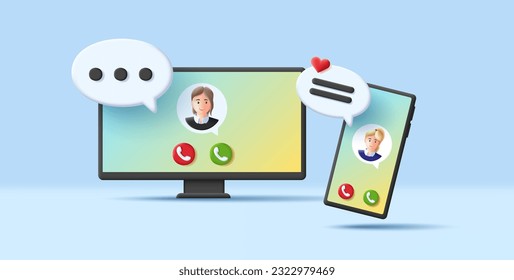 Video call 3d render illustration with computer screen interface and smartphone with avatar and speech bubbles