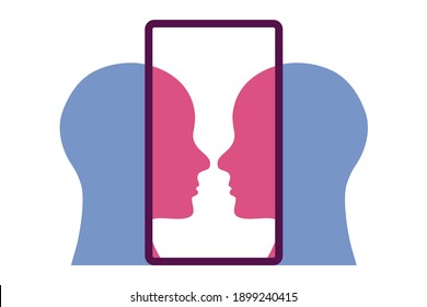 Video call abstract concept logo. Illustration of two people talking on a smart phone screen, cut out vector