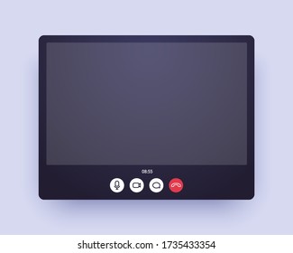 Video Call Abstract Zoom Screen. Web Chat Application Ui With Voice And Video Icon And Blank Place For Your Picture. Conference Window Mockup For Home Office And Online Learning On Quarantine.