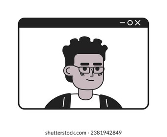 Video call african american eyeglasses man black and white 2D cartoon character. Webinar screen black young male isolated vector outline person. Entrepreneur monochromatic flat spot illustration