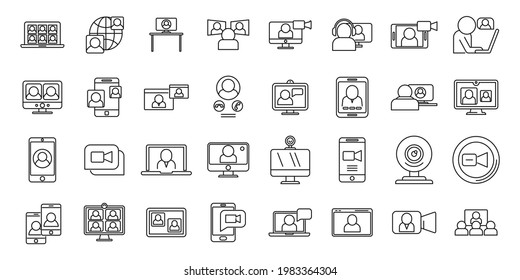 Video call app icons set. Outline set of video call app vector icons for web design isolated on white background