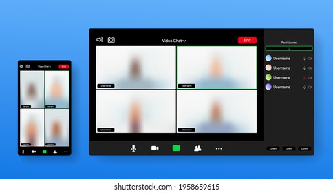 Video call app interface. Online conference application responsive screen. Distant voice chat. Remote team communication.  Web and mobile software. Vector illustration.