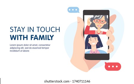 Video call banner design concept. Family with grandmother and granddaughter are having video call using the smartphone. Human hand hold device with people on screen. vector cartoon illustration