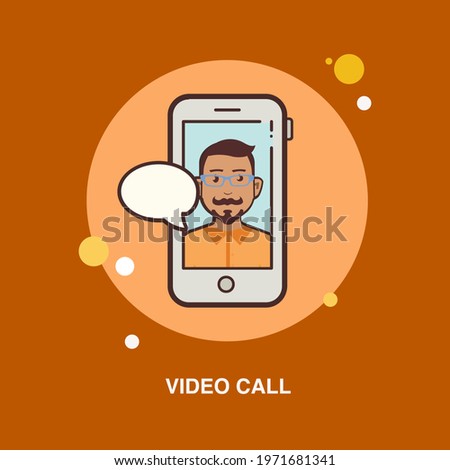 Video call with beard guy wearing spectacles with text bubble in a mobile phone flat concept design