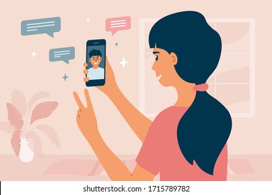 Video call between friends. Cute girl holding smartphone, smiling and greeting boy on device screen. Stay at home, meeting and chatting online by mobile app. Distance conversation. Vector illustration