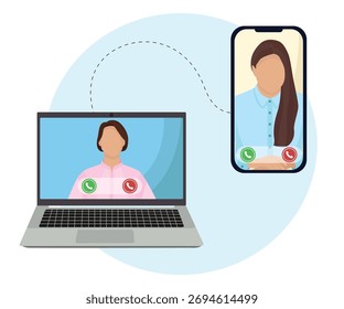 Chamada de vídeo entre duas meninas usando laptop e comunicação móvel ilustração plana vibrante para conexão on-line e conceito de trabalho em equipe