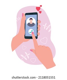 video call with boyfriend, female hands with phone isolated in white, woman holding smartphone, long distance relationship, online dating, concept calling loved one, flat vector design