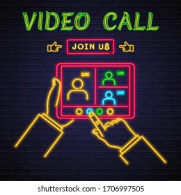 Video Call, Business Meeting Live Neon Light Glowing Vector Illustration. Join Us Button. Online Training, Online Meeting Neon Sign