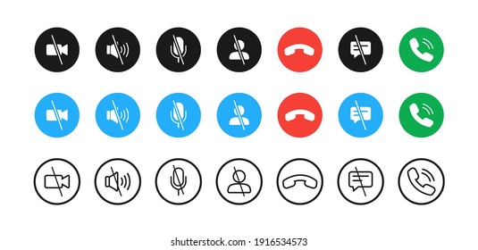 Video call buttons set. Collection of internet conversation buttons. A set of video communication elements.