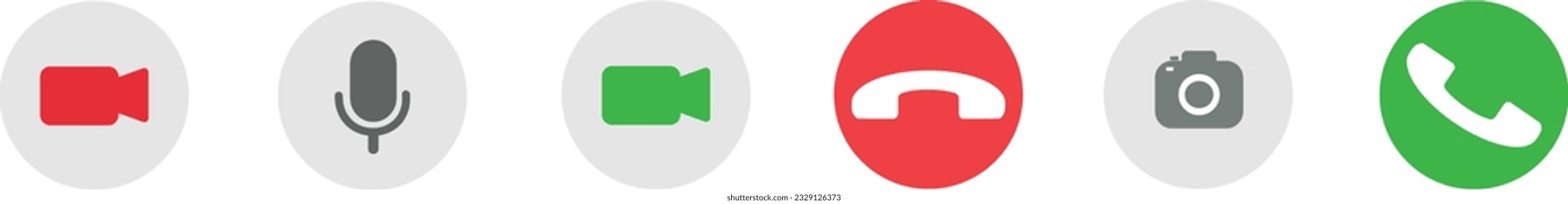 Video call buttons set. Collection of internet conversation buttons. communication elements. Video, call, reject, microphone and camera
